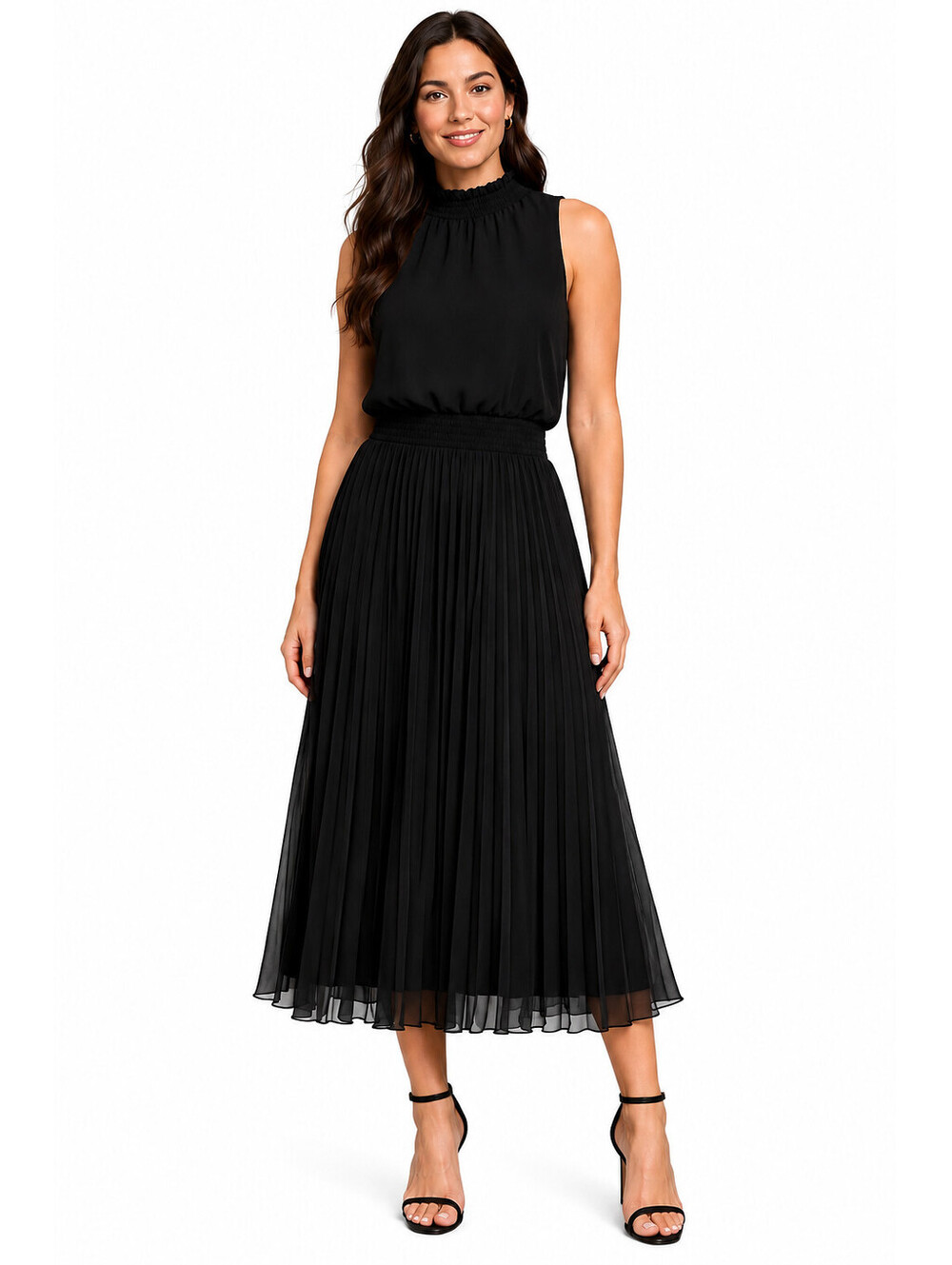 Sam Edelman Dress Size 10 Black Pleated Smocked Waist Midi High Neck NWT LBD
